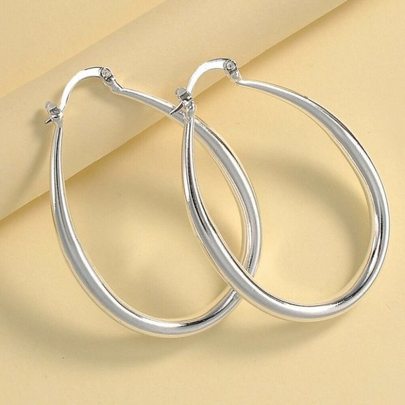 Classy 925 Silver Oval Hoops 2" - Picture 2 of 3